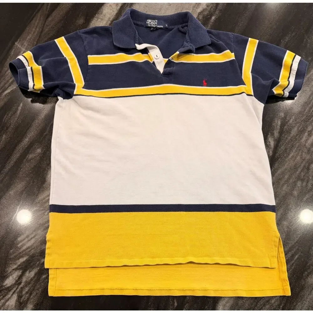 Vintage Polo Ralph Lauren Rugby Shirt L Navy Yellow White Stripe Red Pony